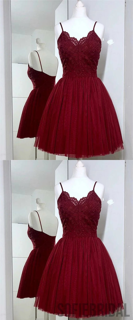 A-Line Spaghetti Strap Lace Appliques Top Tulle Homecoming Dress, HD0173