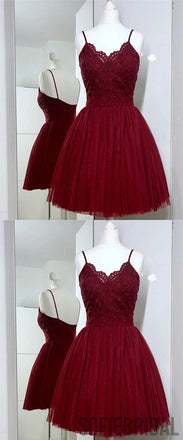 A-Line Spaghetti Strap Lace Appliques Top Tulle Homecoming Dress, HD0173