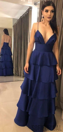 Spaghetti V-neck  Navy Long A-line Satin Prom Dresses, PD0833