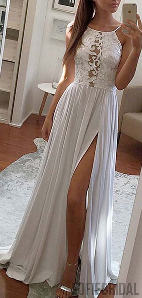 White Lace A-line Side Slit Prom Dresses, Cheap Popular Prom Dresses, PD0769