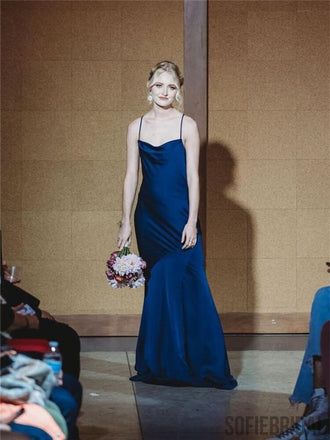 Mermaid Straps Navy Blue Backless Long Simple Bridesmaid Dresses, BD1072