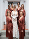 Rust Satin V-Neck Long Sleeves Column Floor Length Long Bridesmaid Dresses, SFWG00420