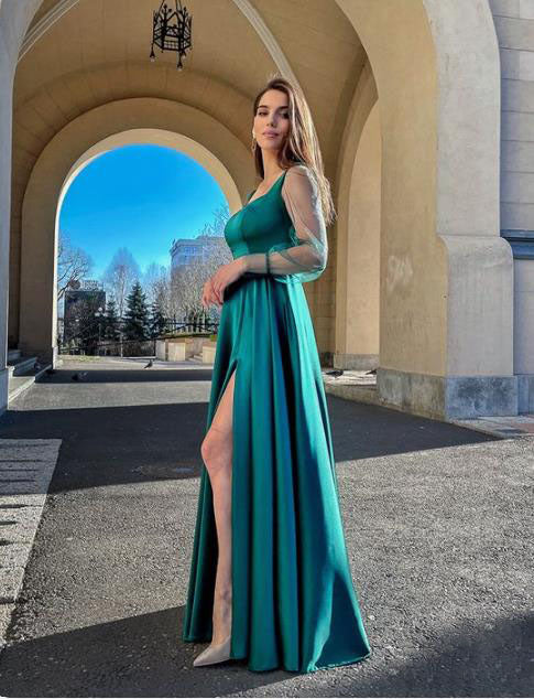 Green Satin Long Sleeves Side Slit Long Bridesmaid Dresses, SFWG00422