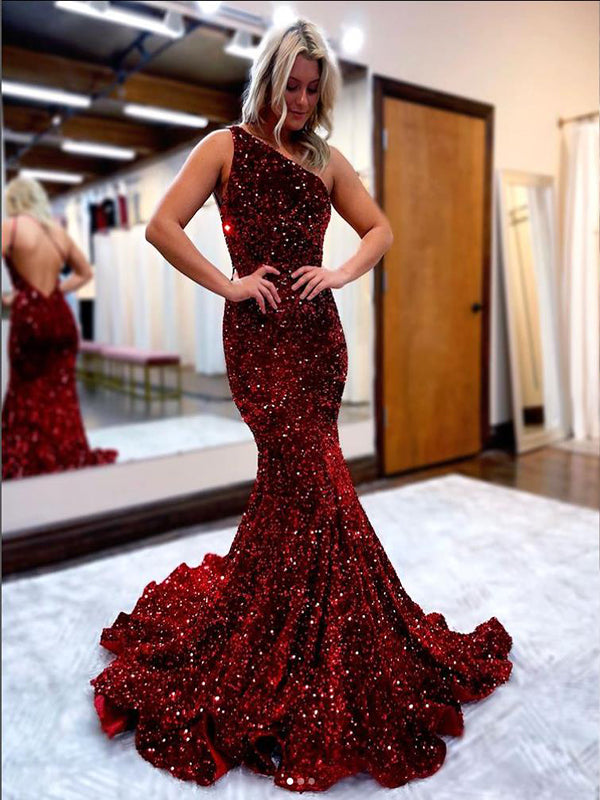 Red Sequin One Shoulder Backless Mermaid Evening Prom Dress,SFPD0187 SofieBridal Red Sequin One Shoulder Backless Mermaid Evening Prom Dress,SFPD0187 SofieBridal