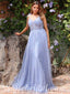 Elegant Blue Special Tulle Spaghetti Straps V-Neck Sleeveless A-Line Long Prom Dresses,SFPD0531