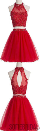 Two Pieces High Neck Beaded Open Back Homecoming Prom Dresses, SF0059