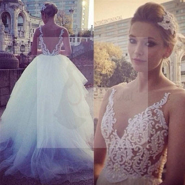 Sexy V-Back Lace Top White Tulle Wedding Party Dresses, Popular Cheap Bridal Gown, WD0020