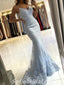 Elegant Blue Lace Spaghetti Straps Sleeveless Mermaid Long Prom Dresses,SFPD0320