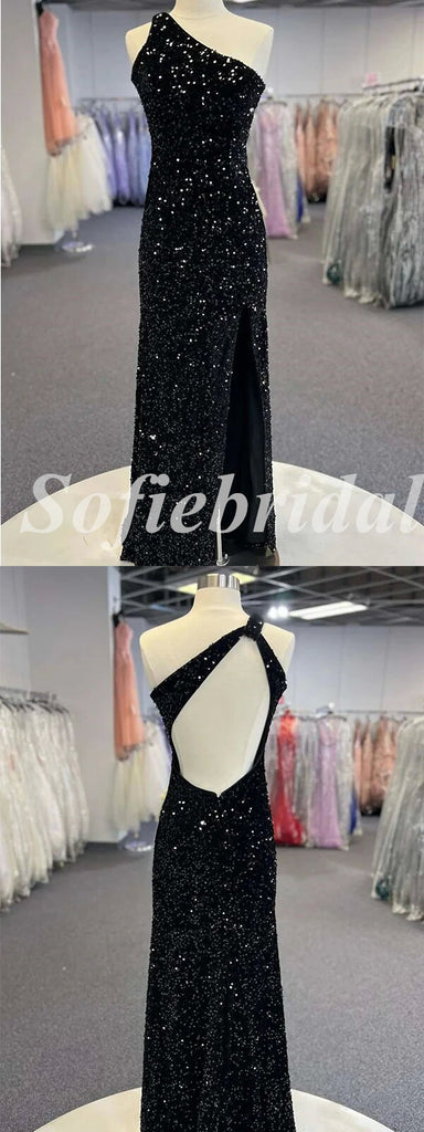 Sexy Black Sequin One Shoulder Backless Side Slit Mermaid Long Prom Dresses,PD0778
