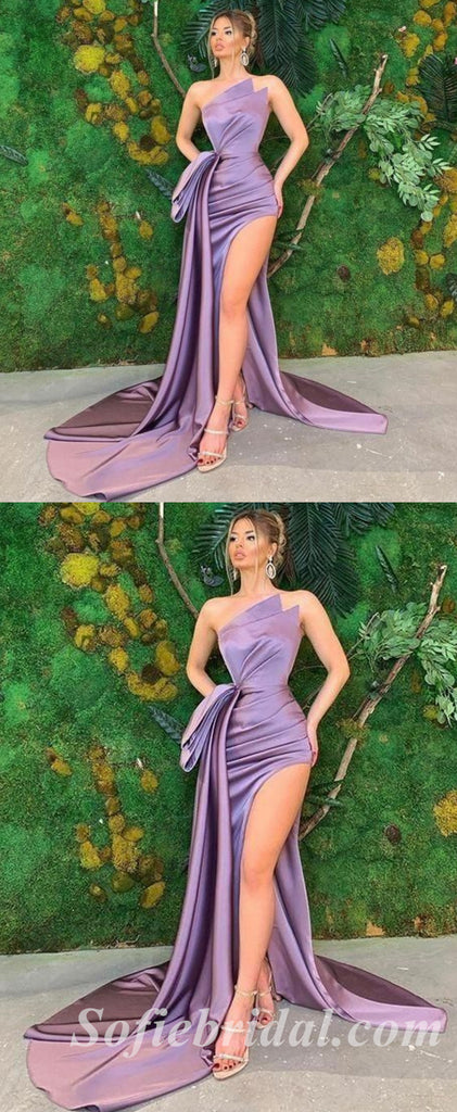 Sexy Purple Satin Sweetheart Sleeveless Side Slit Mermaid Long Prom Dresses With Trailing,SFPD0425
