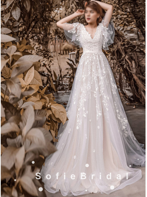 A-Line V-Neck Short Sleeves Tulle Long Wedding Dresses With Lace,SFWD0020 A-Line V-Neck Short Sleeves Tulle Long Wedding Dresses With Lace,SFWD0020