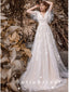 A-Line V-Neck Short Sleeves Tulle Long Wedding Dresses With Lace,SFWD0020