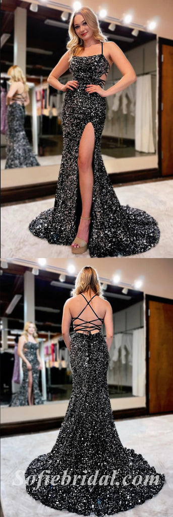 Sexy Black Sequin Spaghetti Straps Square Sleeveless Lace Up Back Mermaid Long Prom Dresses With Side Slit,SFPD0490