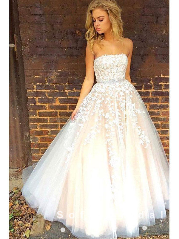 A-Line Strapless Tulle Lace Floor Length Prom Dresses With Beading,SFPD0020