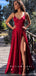A-Line V-Neck Spaghetti Straps Red Cheap Long Prom Dresses With Slit,SFPD0021