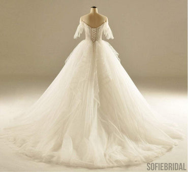 Sweetheart Off Shoulder Half Sleeve Ivory Lace Tulle Ball Gown Lace Up Wedding Dresses, WD0111
