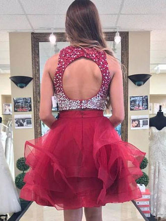 2 Pieces Beaded Tulle Homecoming Dresses, Open Back Homecoming Dresses, Homecoming Dresses, SF0123
