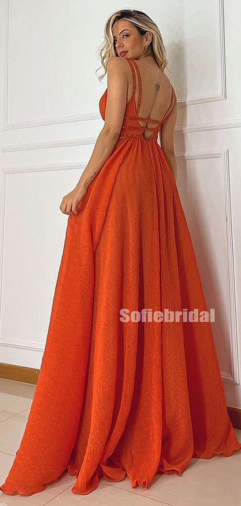 Charming V-neck A-line Orange Long Simple Prom Dresses,SFPD0171