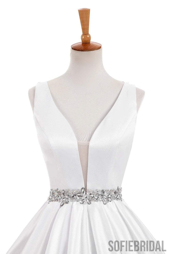 V-neck Elegant Simple Design White Satin A-line Beaded Belt Wedding Dresses, WD0240