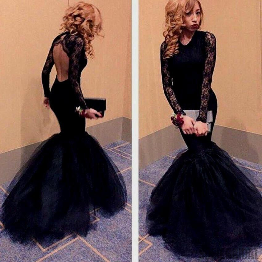 Round Neck Open Back Black Lace Long Sleeve Mermaid Tulle Prom Dresses, PD0552