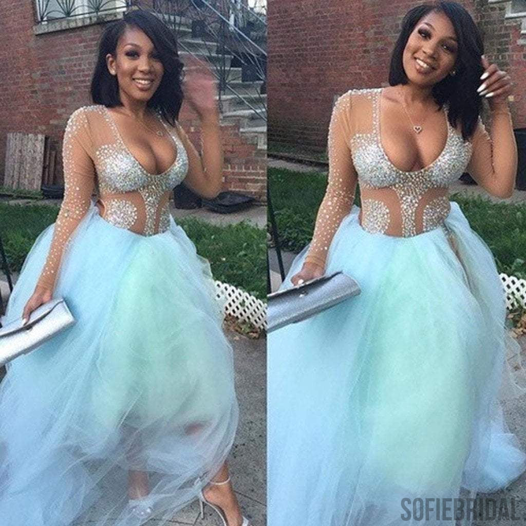 Sexy Long Sleeve See Through Sky Blue Tulle Rhinestone Prom Dresses,PD0213