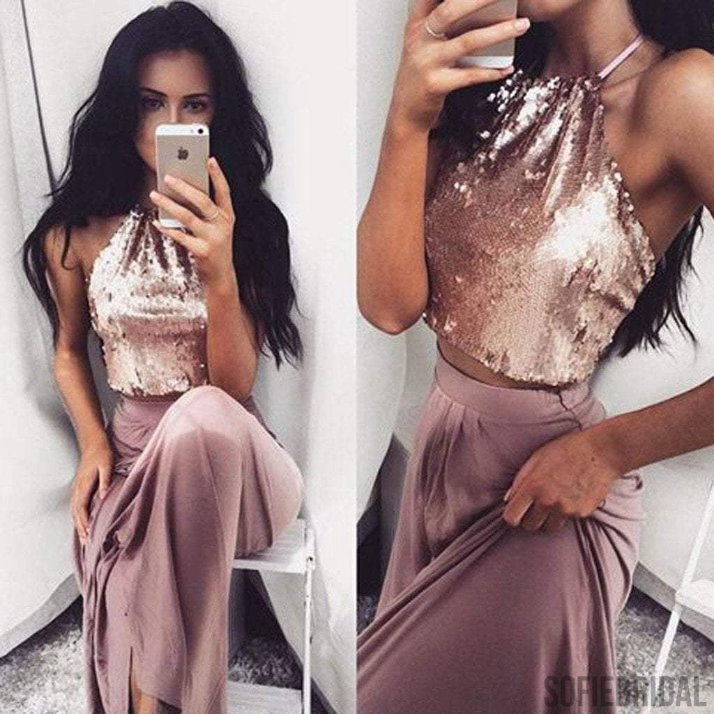 Sexy Two Pieces Shinny Sequin Long A-line Halter Prom Dress, PD0214