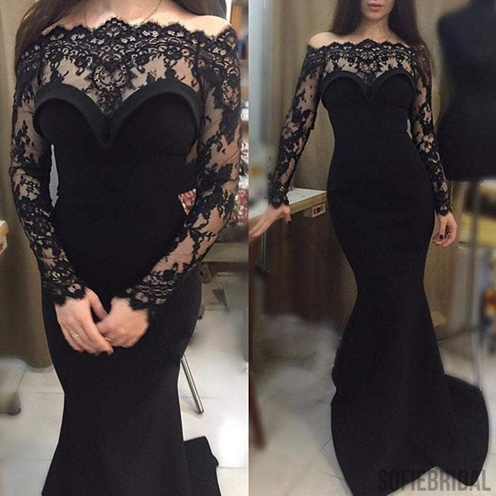 Gorgeous Black Lace Off Shoulder Long Sleeve Sexy Mermaid See Through Prom Dresses, PD0215