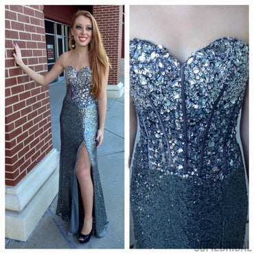 Silver Beaded Two Pieces Long A-line Tulle Prom Dresses, Long Prom Dresses For Prom, PD0219