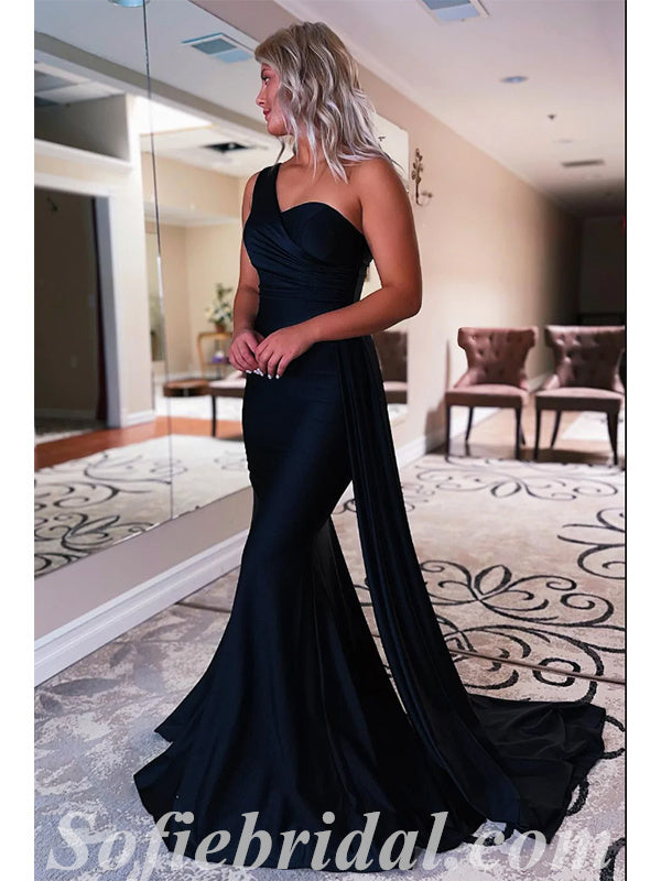 Sexy Satin One Shoulder Mermaid Long Prom Dresses With Trailing,SFPD0475