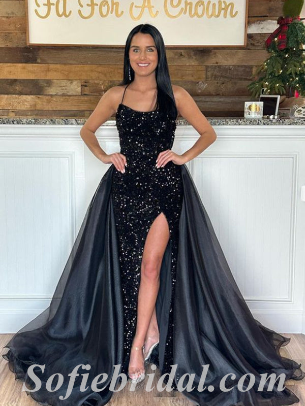 Sexy Black Sequin Spaghetti Straps Sleeveless Mermaid Long Prom Dresses With Tulle Trailing,SFPD0522