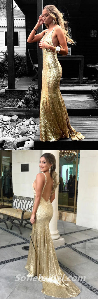 Elegant Satin V-Neck Sleeveless Open Back Mermaid Long Prom Dresses ,SFPD0271