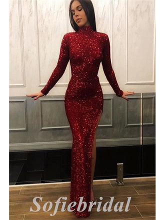 Sexy Sequin High Neck Long Sleeve Side Slit Mermaid Long Prom Dresses,SFPD0671