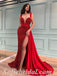 Sexy Red Sequin Satin Spaghetti Straps V-Neck Sleeveless Side Slit Mermaid Long Prom Dresses/Evening Dresses,SFPD0364