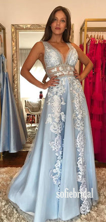 Simple V-neck A-line Tulle Long Prom Dresses Online,SFPD0102