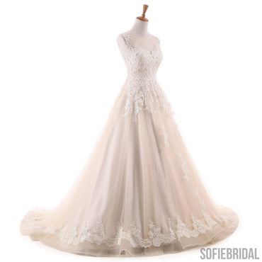 Ivory Lace Appliques A-line Tulle Wedding Dresses, Beaded Belt Wedding Dresses, WD0241