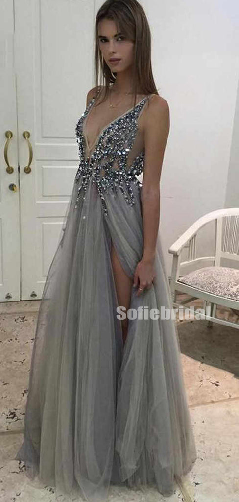 Sexy Deep V-Neck Side Slit New Arrival Silver Sequin Tulle Prom Dresses,PD0002