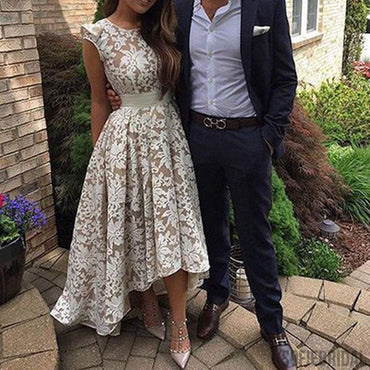 Round Neck Hi-low white lace Elegant Prom Bridesmaid Dresses, PD0551