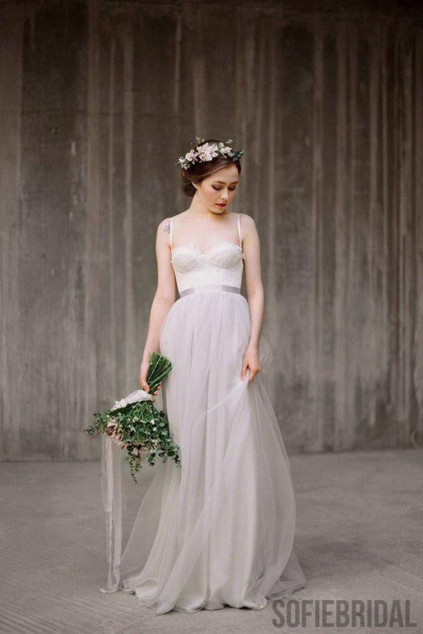 Spaghetti Lace Top Light Grey A-line Simple Design Wedding Dresses, Beach Wedding Dresses, WD0224