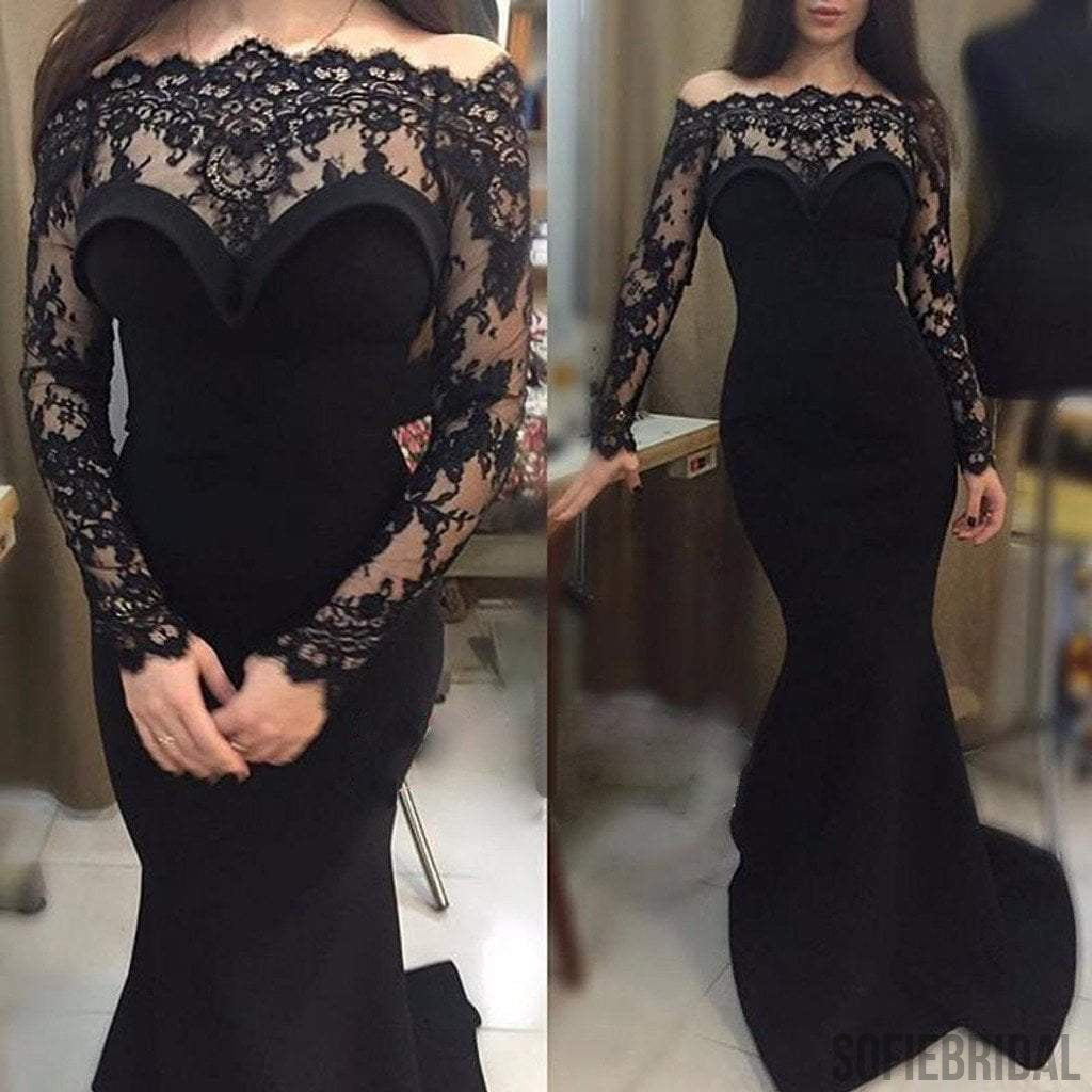 Sexy Gorgeous Off Shoulder Long Sleeve Black Lace Mermaid Long Prom Dresses, PD0566