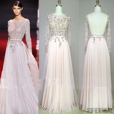 Scoop Neckline, Beaded See Through Backless Long A-line Pale Pink Chiffon Prom Dresses, PD0562