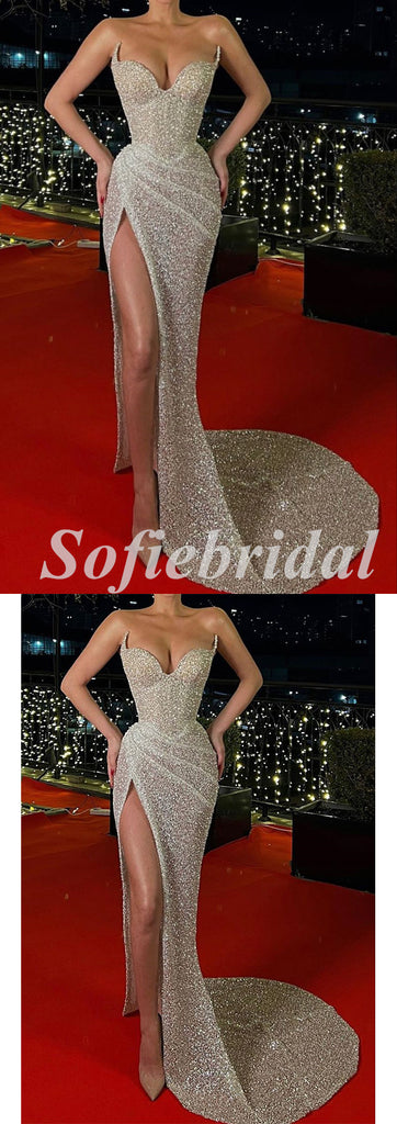 Sexy Sequin Sweetheart V-Neck Sleeveless Side Slit Mermaid Long Prom Dresses,SFPD0586