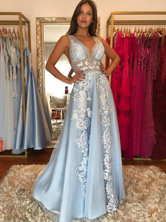 Simple V-neck A-line Tulle Long Prom Dresses Online,SFPD0102