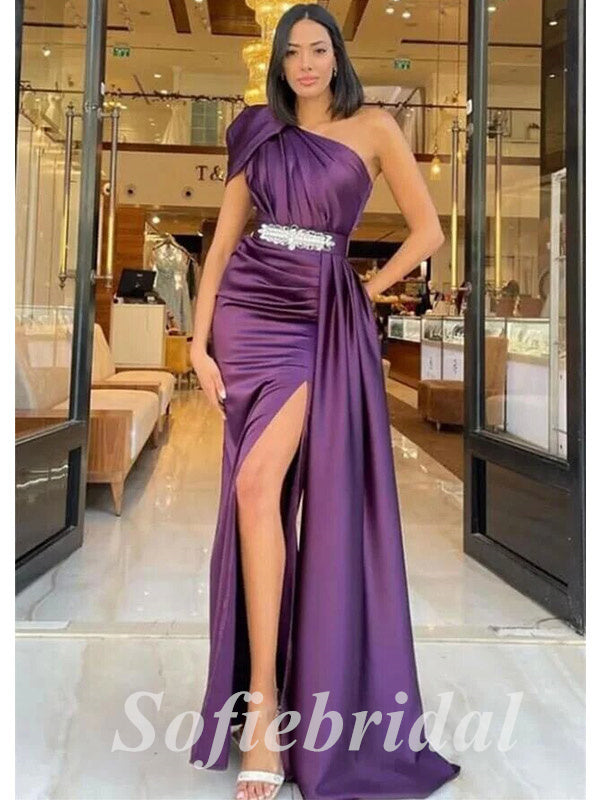 Elegant Satin One Shoulder Sleeveless Side Slit Mermaid Long Prom Dresses With Belt And Trailing,PD0802 Elegant Satin One Shoulder Sleeveless Side Slit Mermaid Long Prom Dresses With Belt And Trailing,PD0802