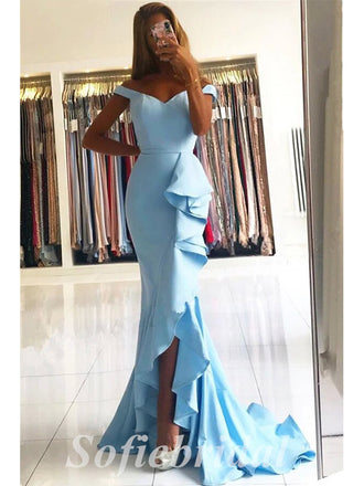 Sexy Blue Satin Off Shoulder V-Neck Sleeveless Side Slit Mermaid Long Prom Dresses,SFPD0665