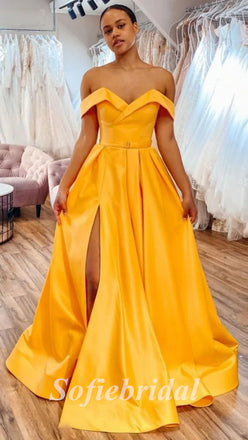Sexy Satin Off Shoulder V-Neck Sleeveless Side Slit A-Line Long Prom Dresses,PD0772