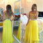 See Through Yellow Appliques Long A-line Chiffon Prom Dresses, PD0279