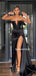 Sexy Mermaid Side Slit Satin Black Long Prom Dresses,SFPD0128
