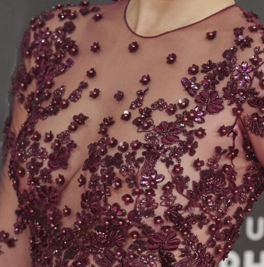 Red Carpet Inspired Plum See Through Beaded Sexy Long Sleeve A-line Satin Prom Dresses, PD0550