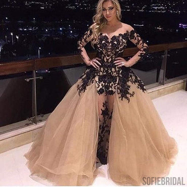 Off Shoulder Black Lace See Through Long Tulle Prom Dresses, PD0538