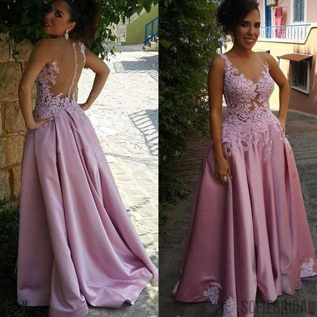Long A-line Sexy See Through Lace Satin Prom Dresses, PD0239